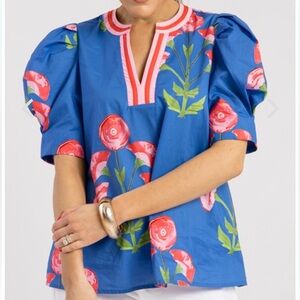 entro Blue Floral Puff Sleeve Blouse with Pink Trim